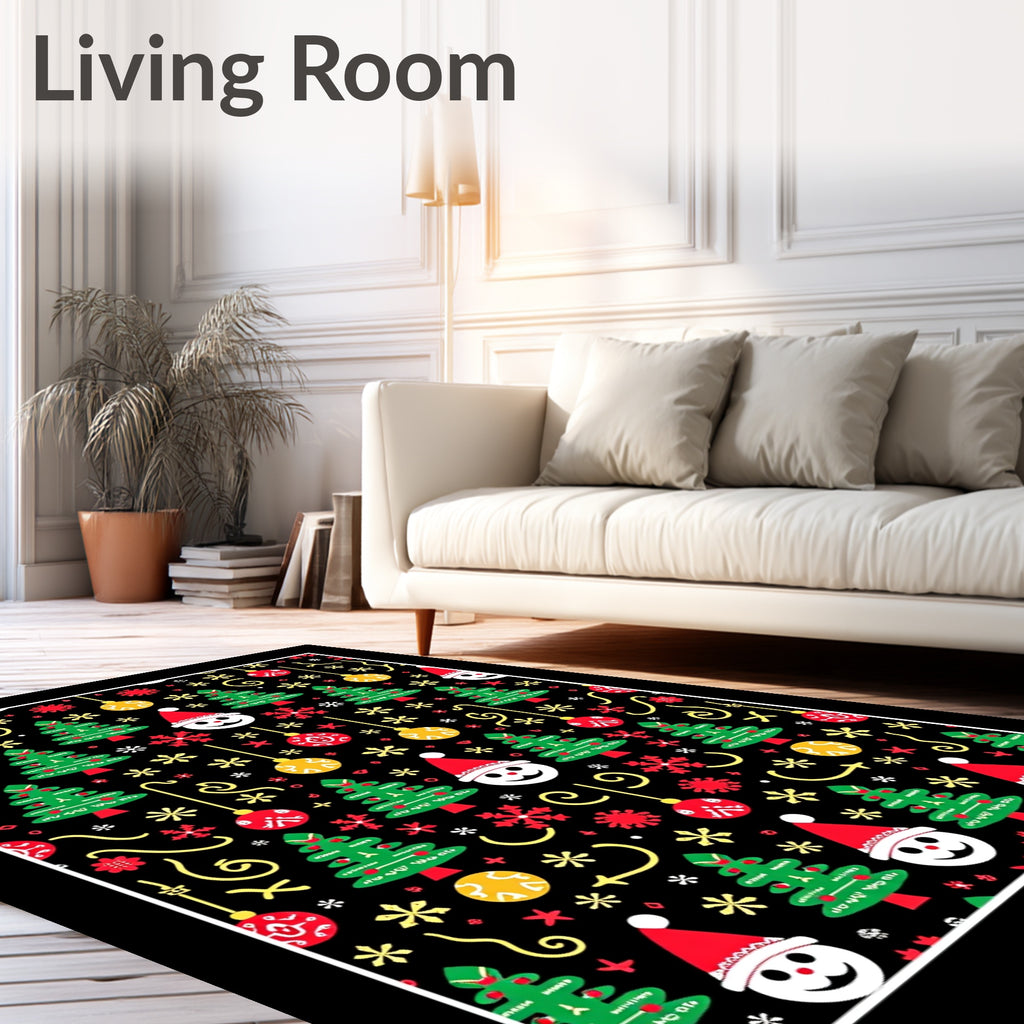 Festive Santa Trees Ornaments Yellow Swirls Rug