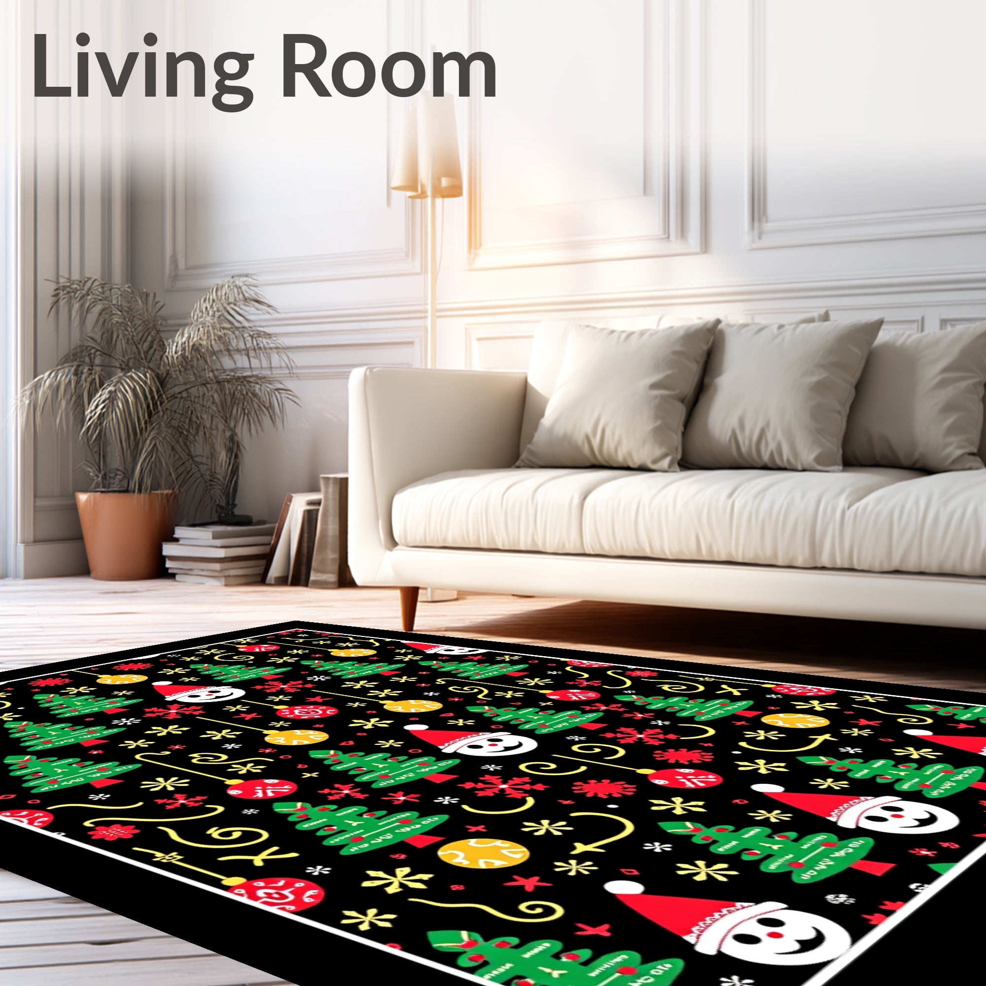 Festive Santa Trees Ornaments Yellow Swirls Rug