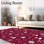 Crimson Whimsical Santa Snowflakes Clouds Rug