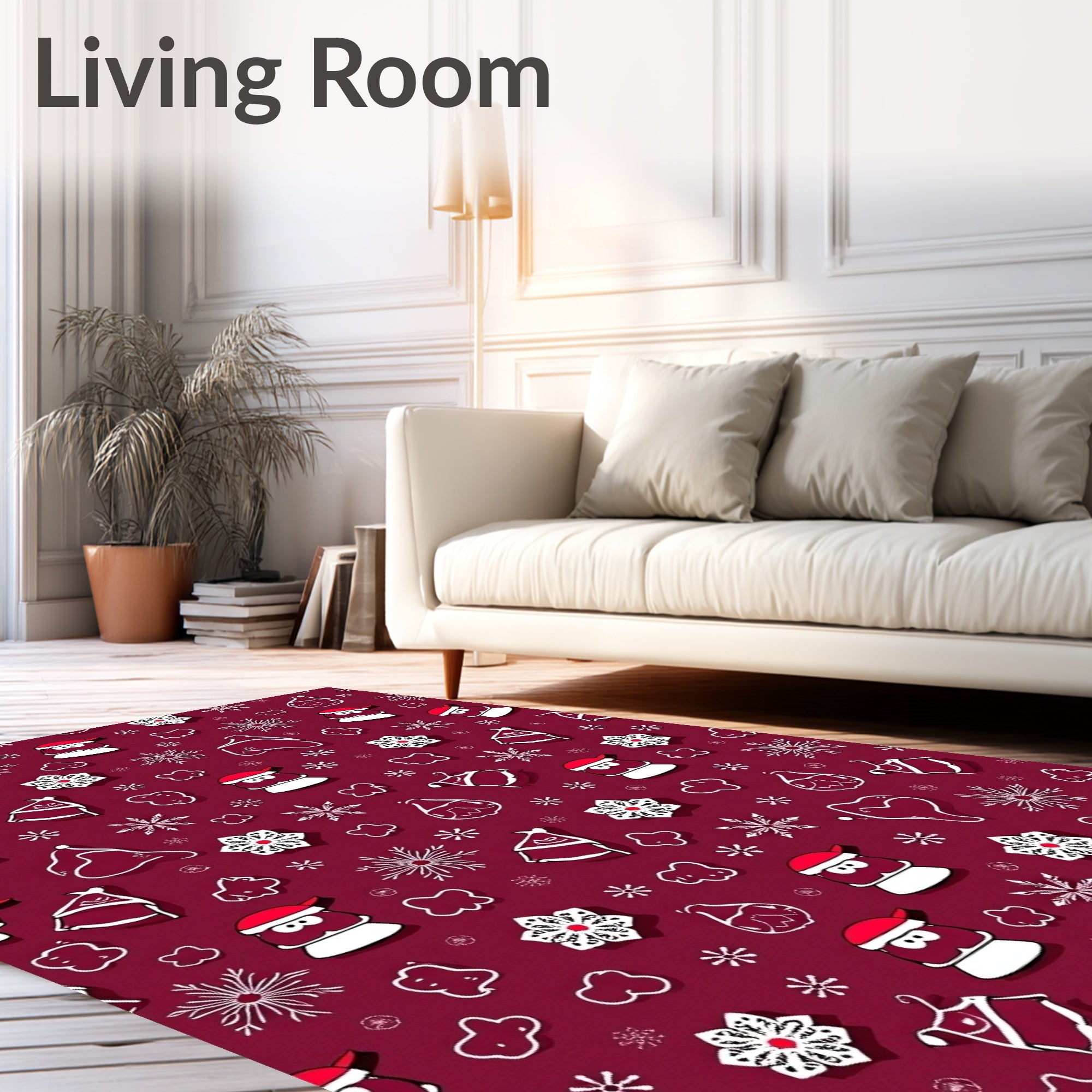 Crimson Whimsical Santa Snowflakes Clouds Rug