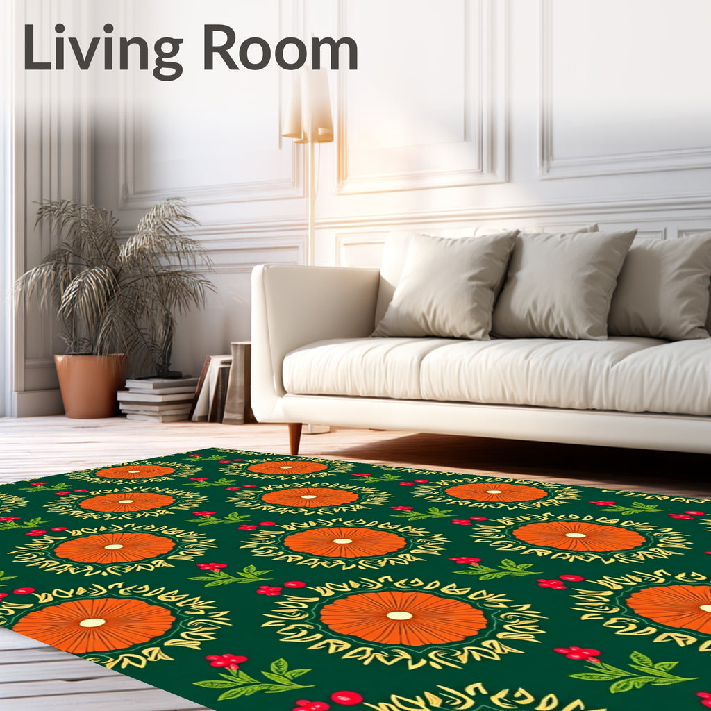 Orange Sunburst Floral Folk Art Rug