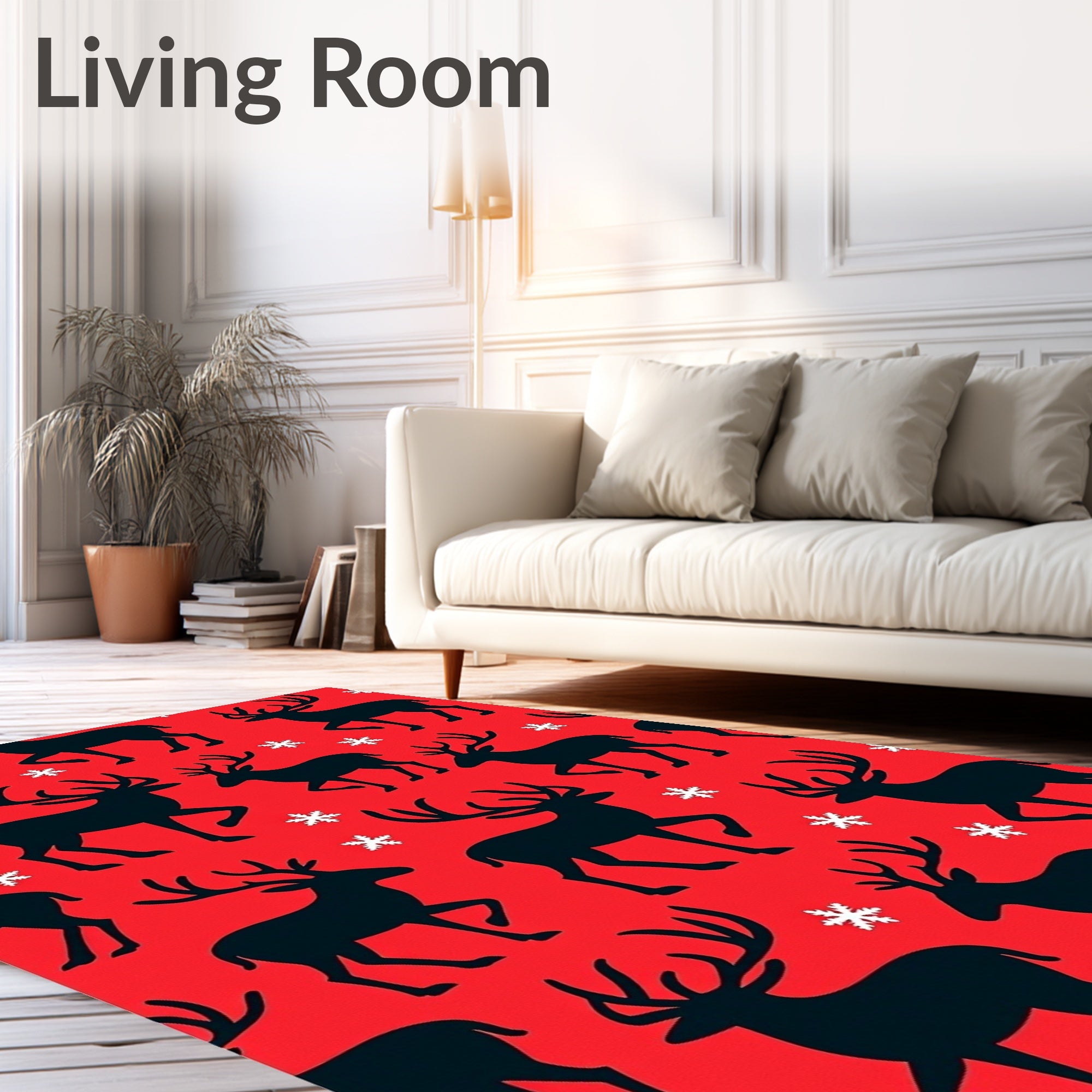 Bold Black Reindeer Snowflakes Red Rug
