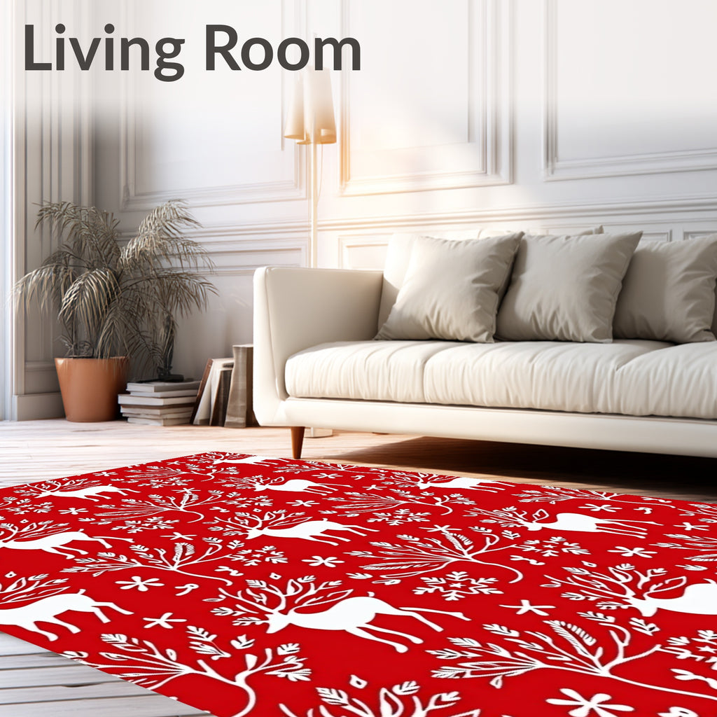 White Reindeer Snowflake Forest Scene Rug