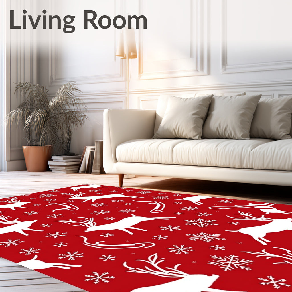 Red White Reindeer Snowflake Winter Scene Rug