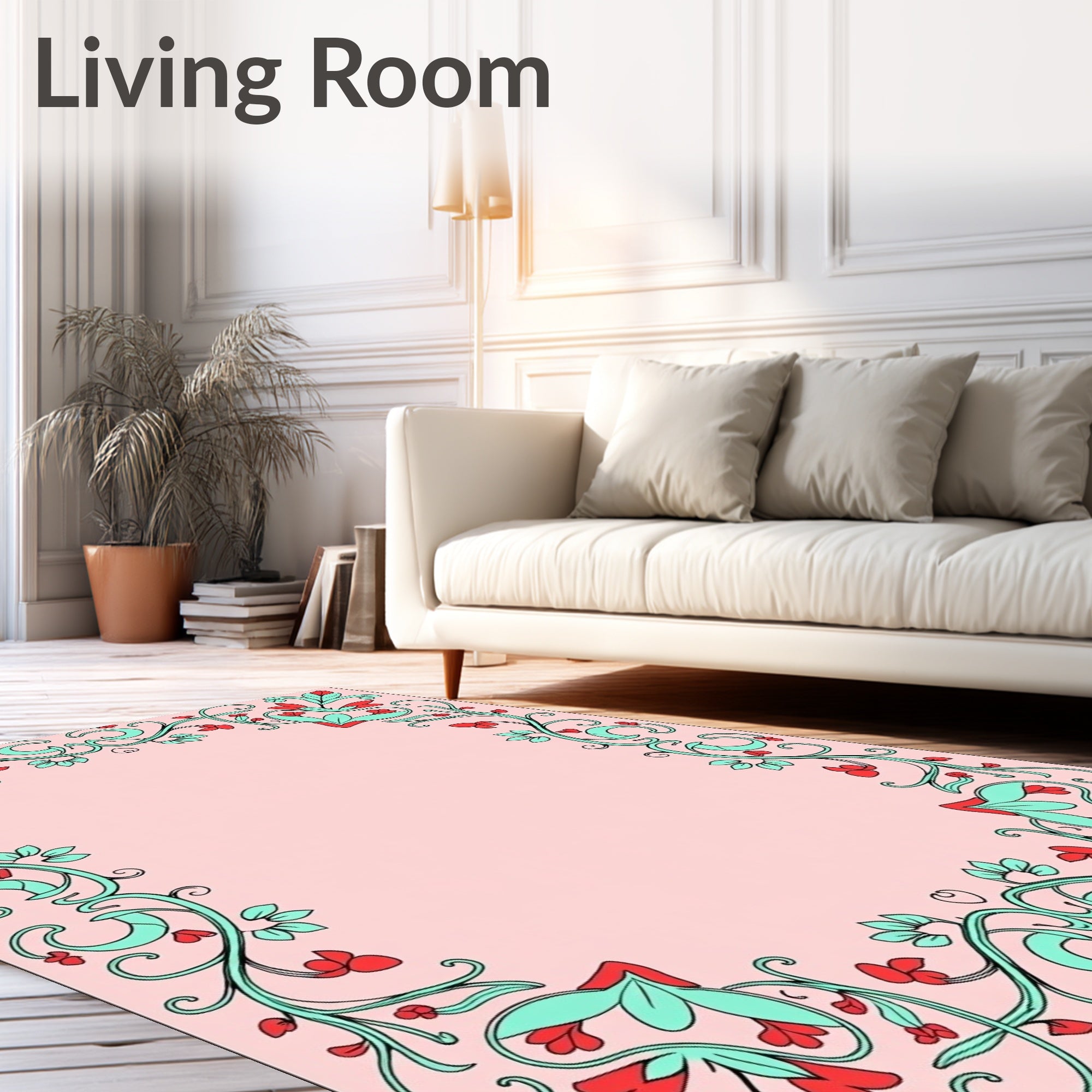 Coral Blue Floral Vine Border Rug