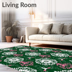 Art Deco Emerald White Pink Floral Rug