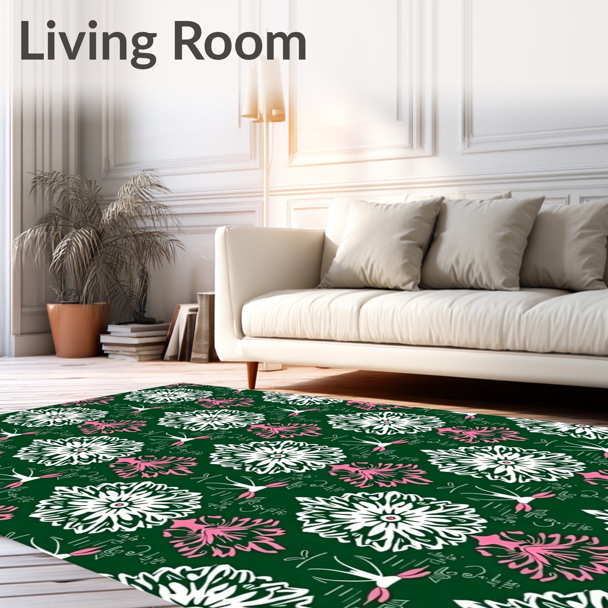 Art Deco Emerald White Pink Floral Rug