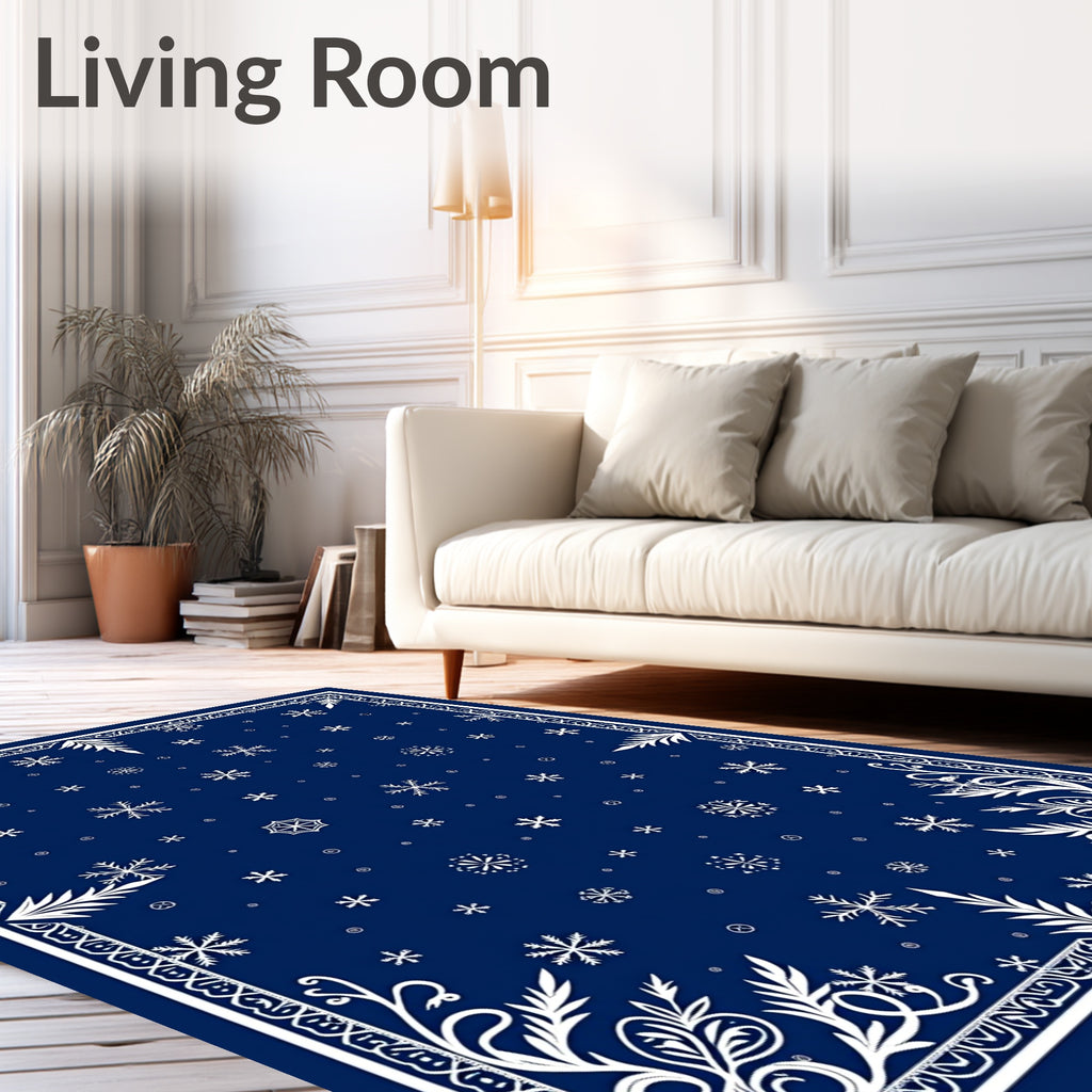 Deep Blue Snowflake Winter Scene Rug