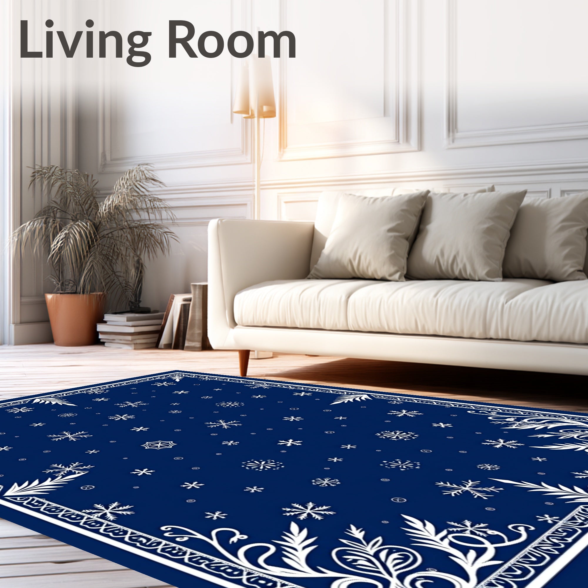 Deep Blue Snowflake Winter Scene Rug