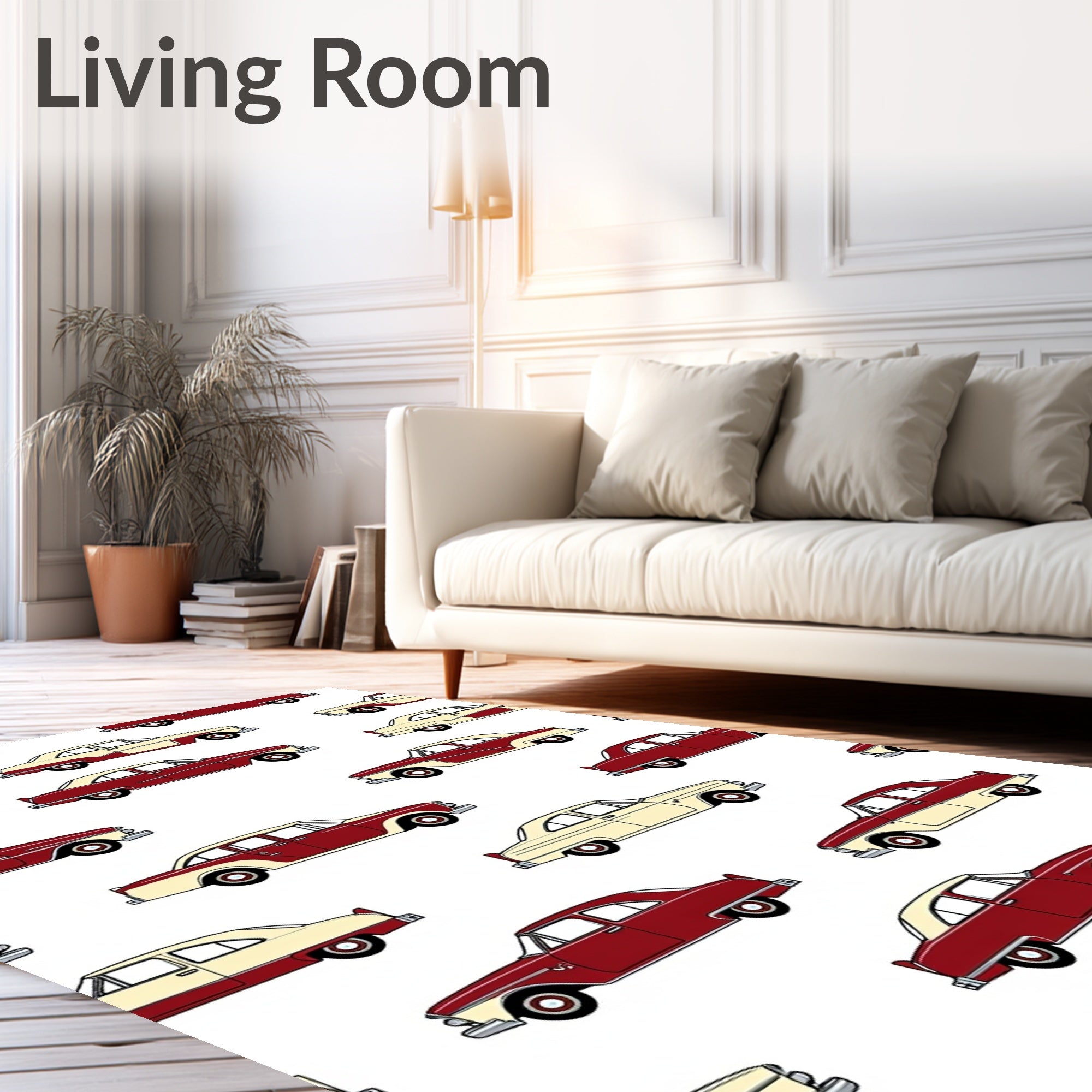 Retro Red Cream Two Tone Cars Rug
