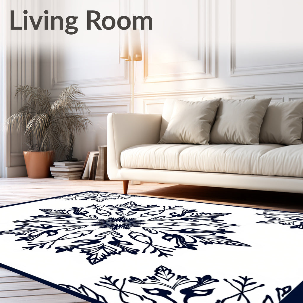 Navy Blue Floral Medallion Art Rug