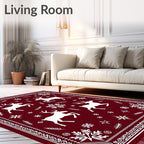 Deep Red Woodland Reindeer Snowflakes Rug