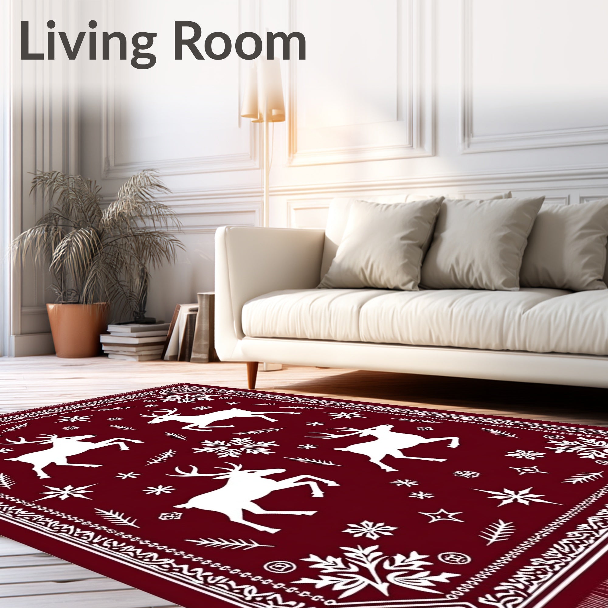 Deep Red Woodland Reindeer Snowflakes Rug