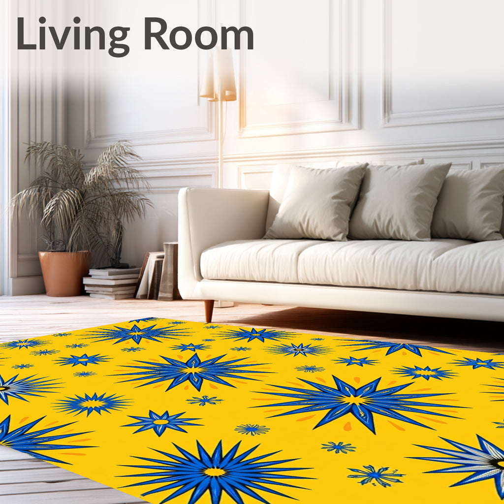 Golden Yellow Blue Sunburst Medallions Rug