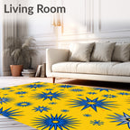 Golden Yellow Blue Sunburst Medallions Rug