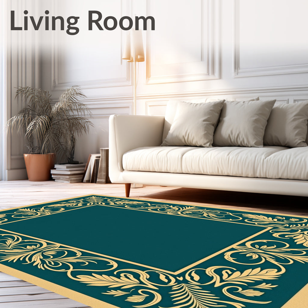 Golden Teal Acanthus Scroll Border Rug