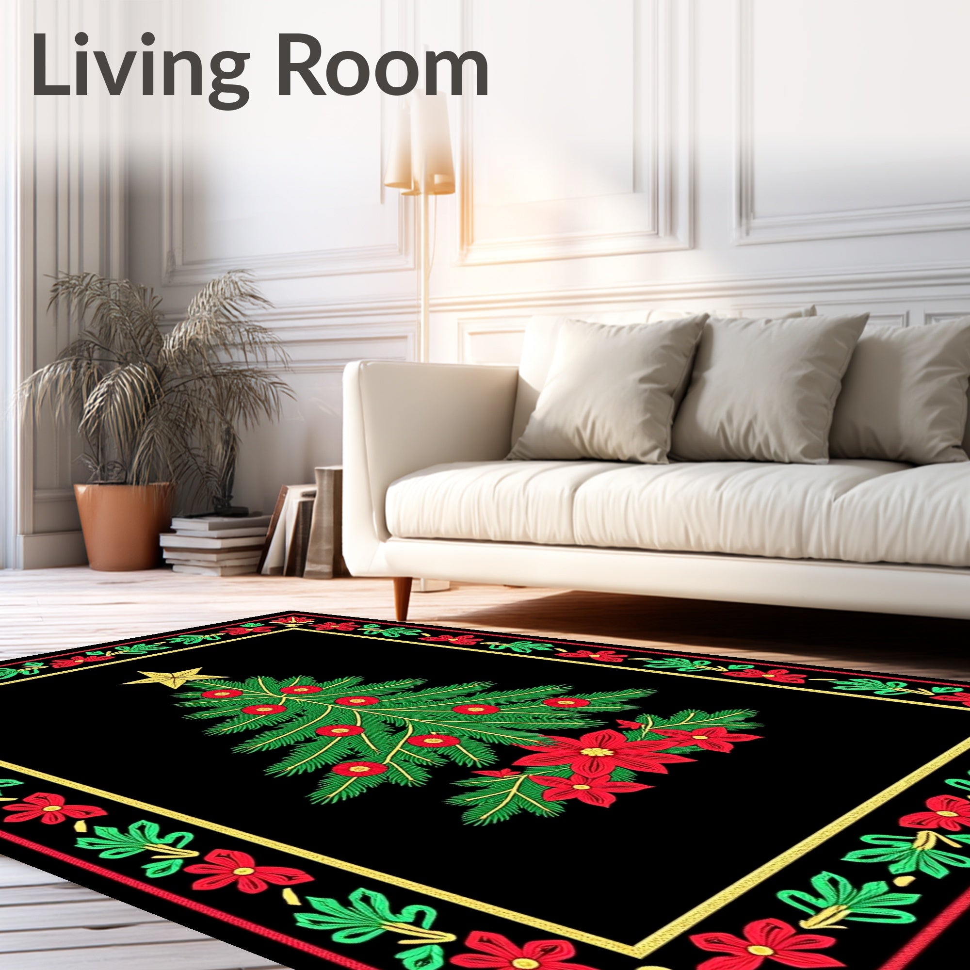 Festive Red Green Christmas Tree Poinsettia Rug
