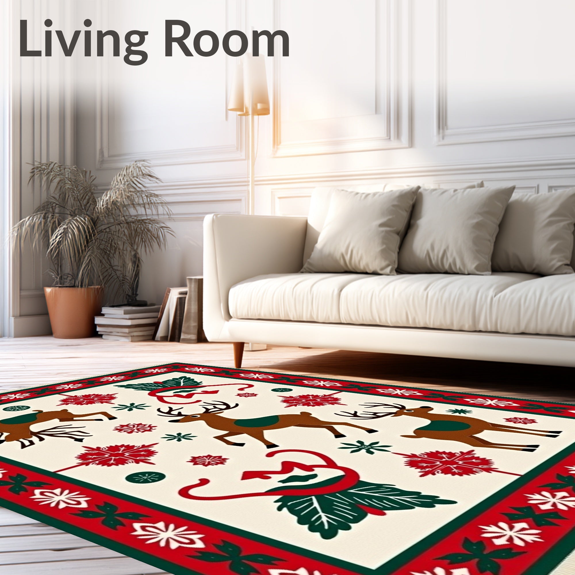 Christmas Reindeer Snowflakes Red Green Rug