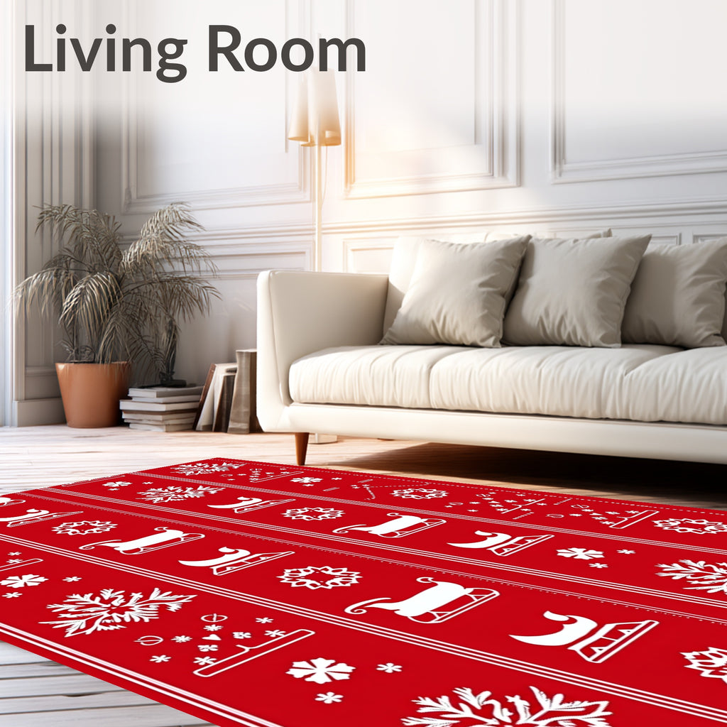 Red White Christmas Sleigh Snowflakes Rug