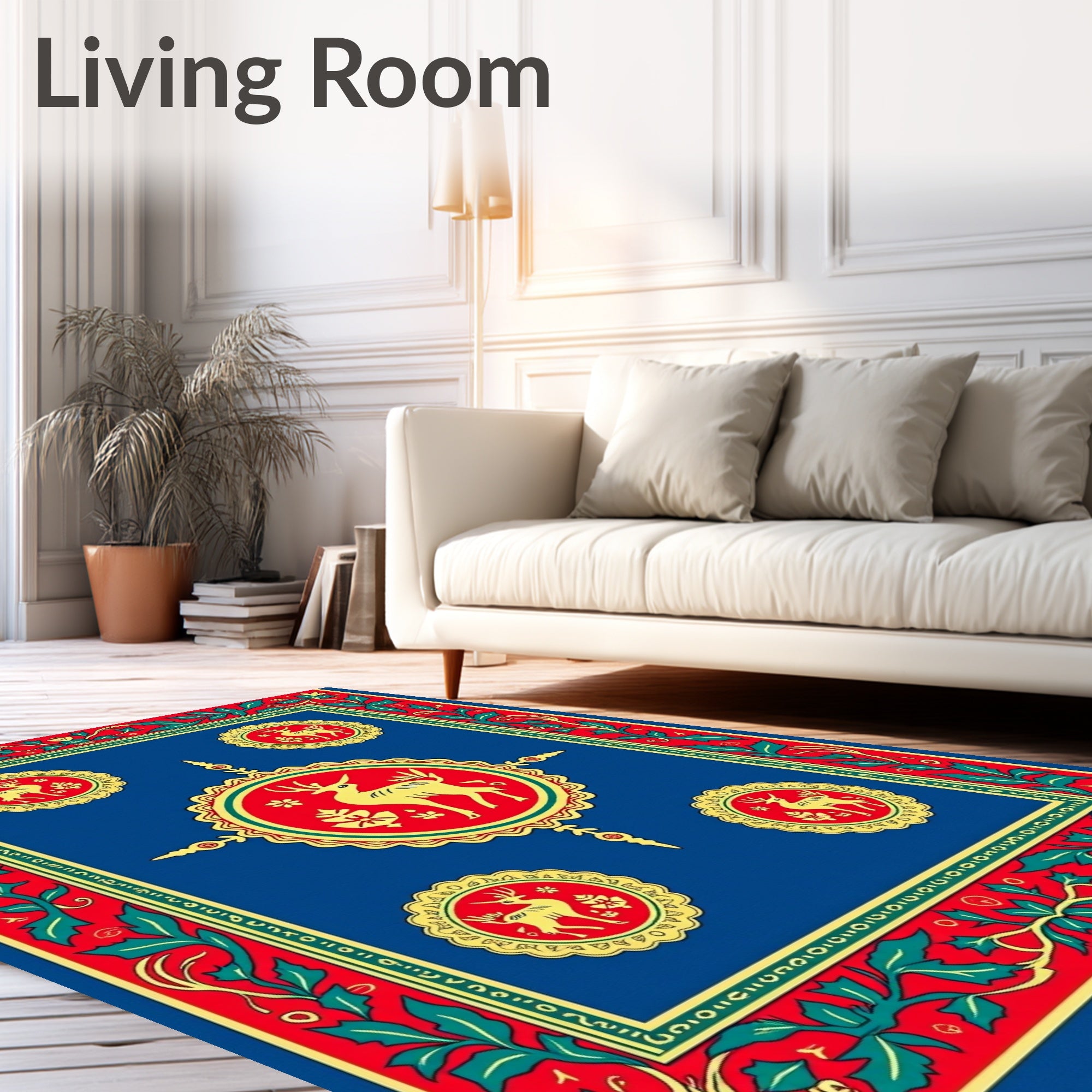 Red Gold Deer Floral Border Medallion Rug