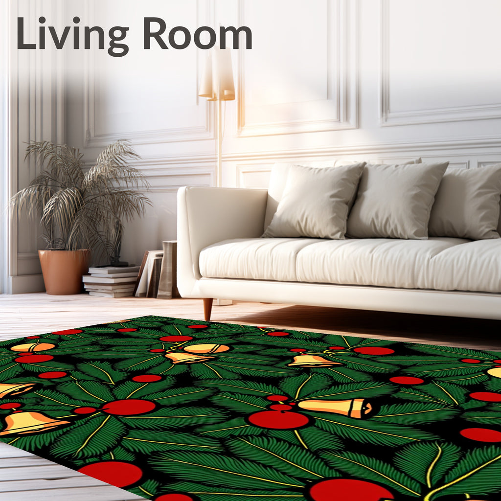 Festive Green Pine Holly Bells Rug
