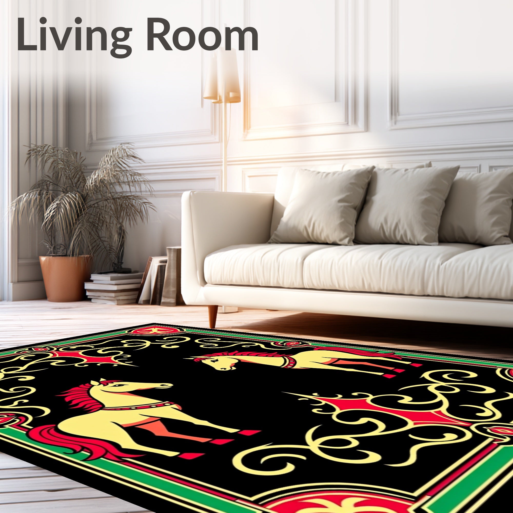 Golden Yellow Horses Red Green Border Rug