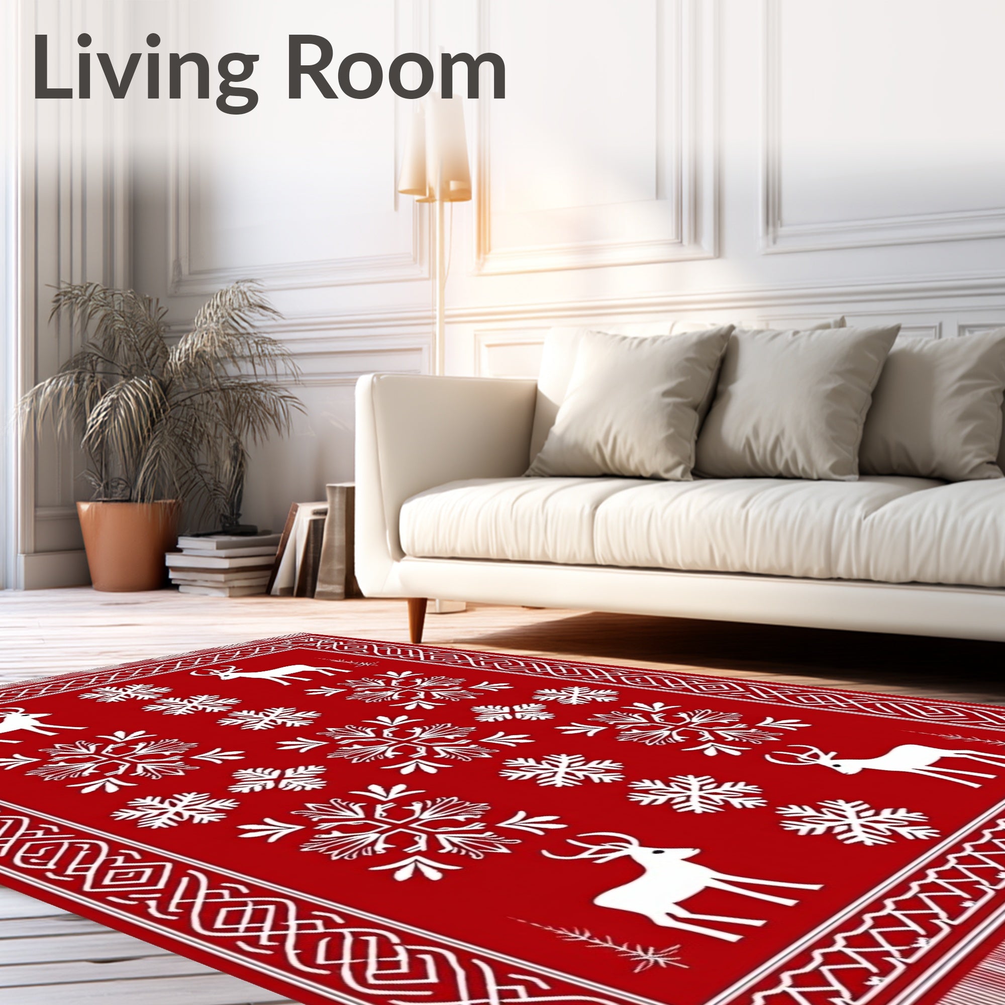 Red White Deer Snowflake Nordic Rug