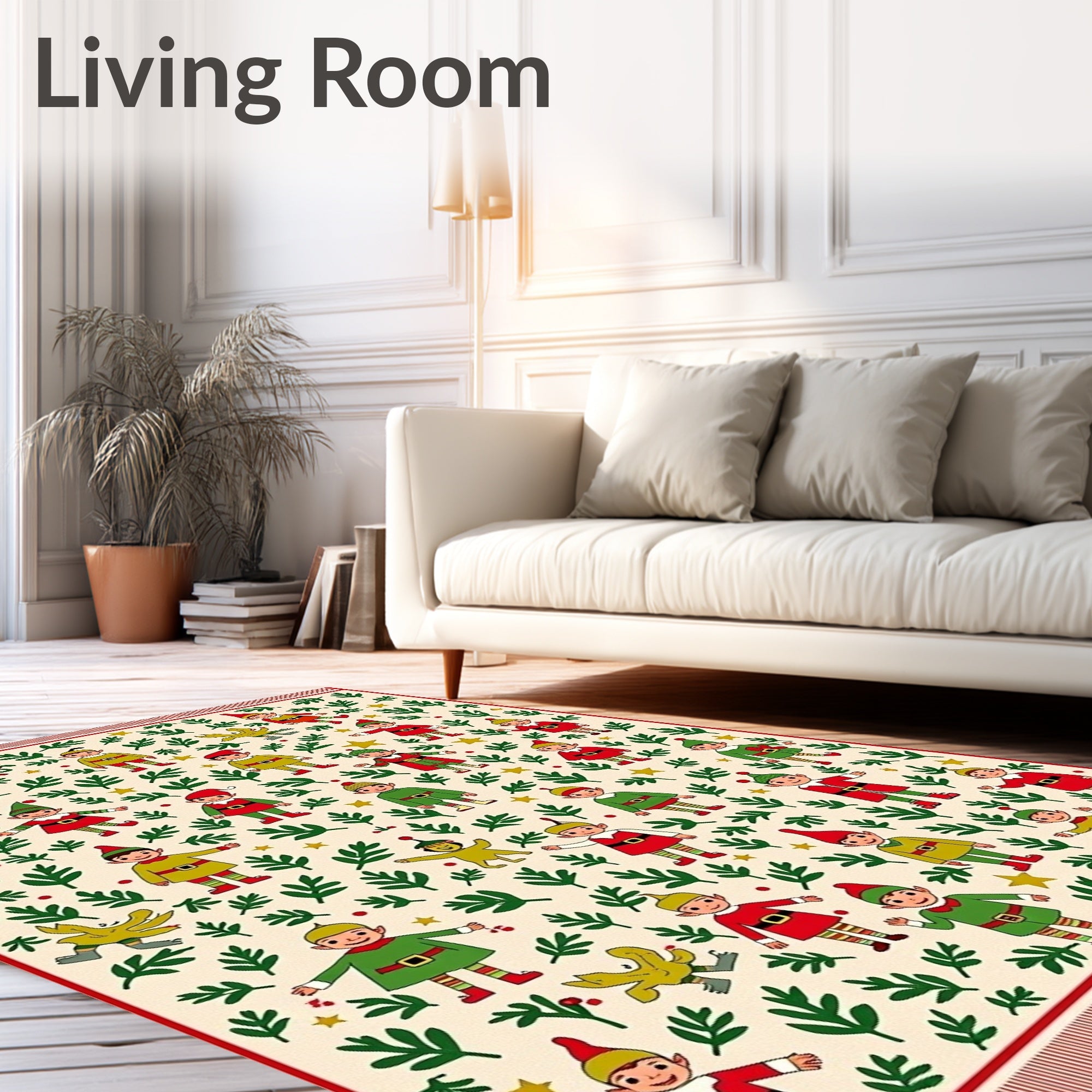 Festive Elves With Greenery Holiday Rug