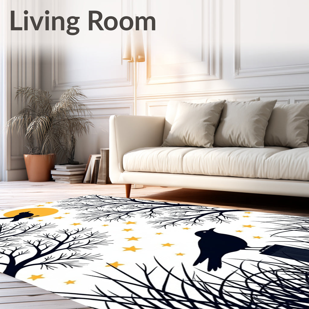 Golden Moon Silhouetted Crow Stars Trees Rug