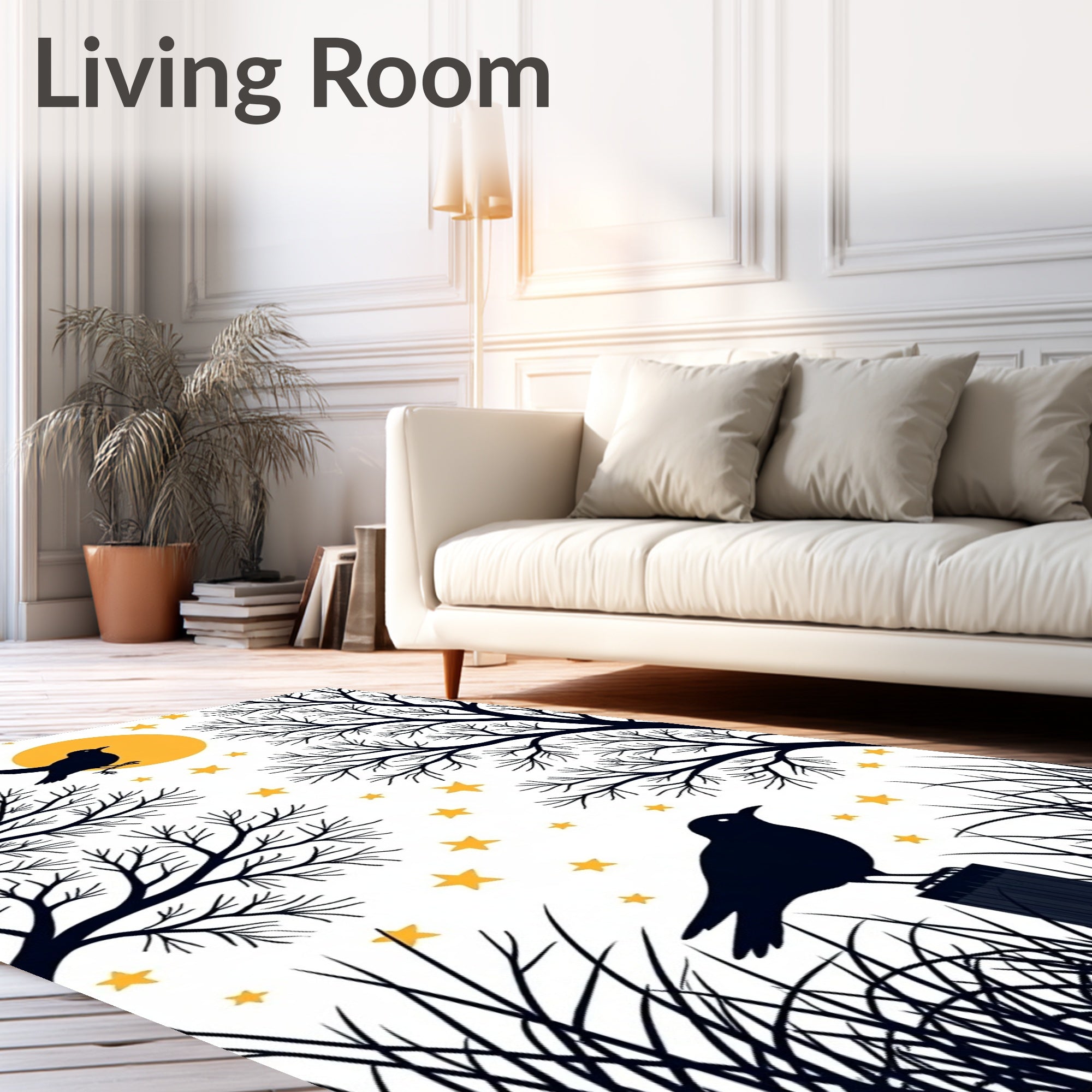 Golden Moon Silhouetted Crow Stars Trees Rug