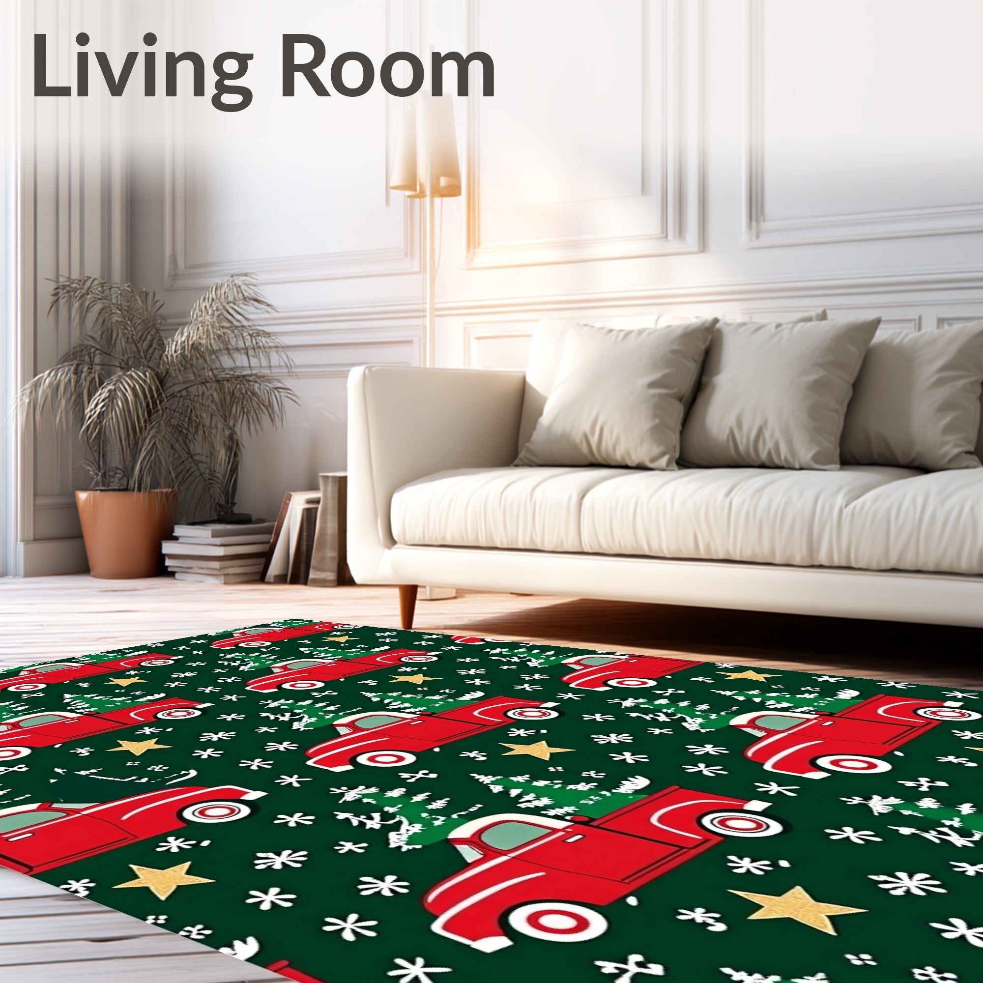 Red Trucks Delivering Christmas Trees Stars Rug