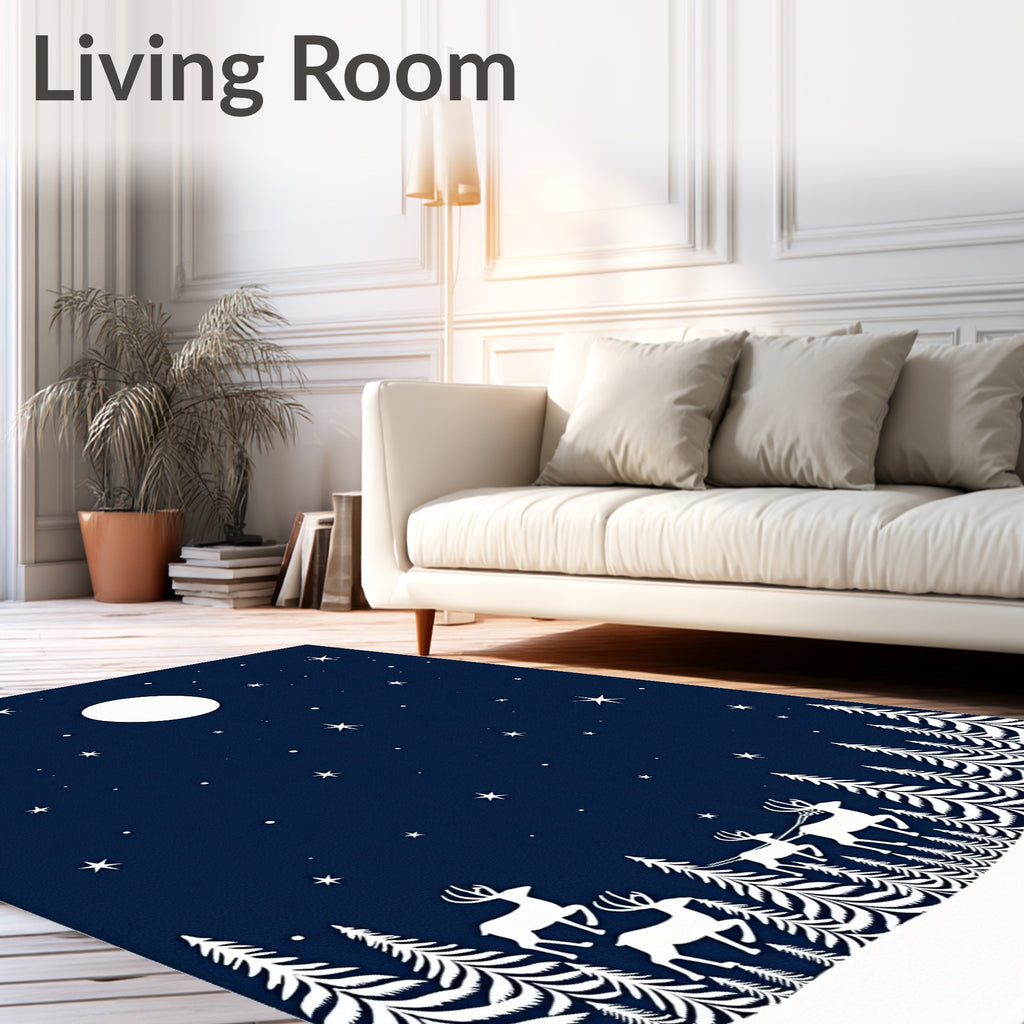Midnight Sky Reindeer Winter Forest Scene Rug
