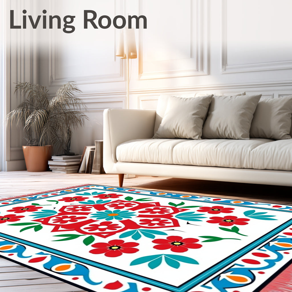 Red Teal Floral Medallion Borders Rug