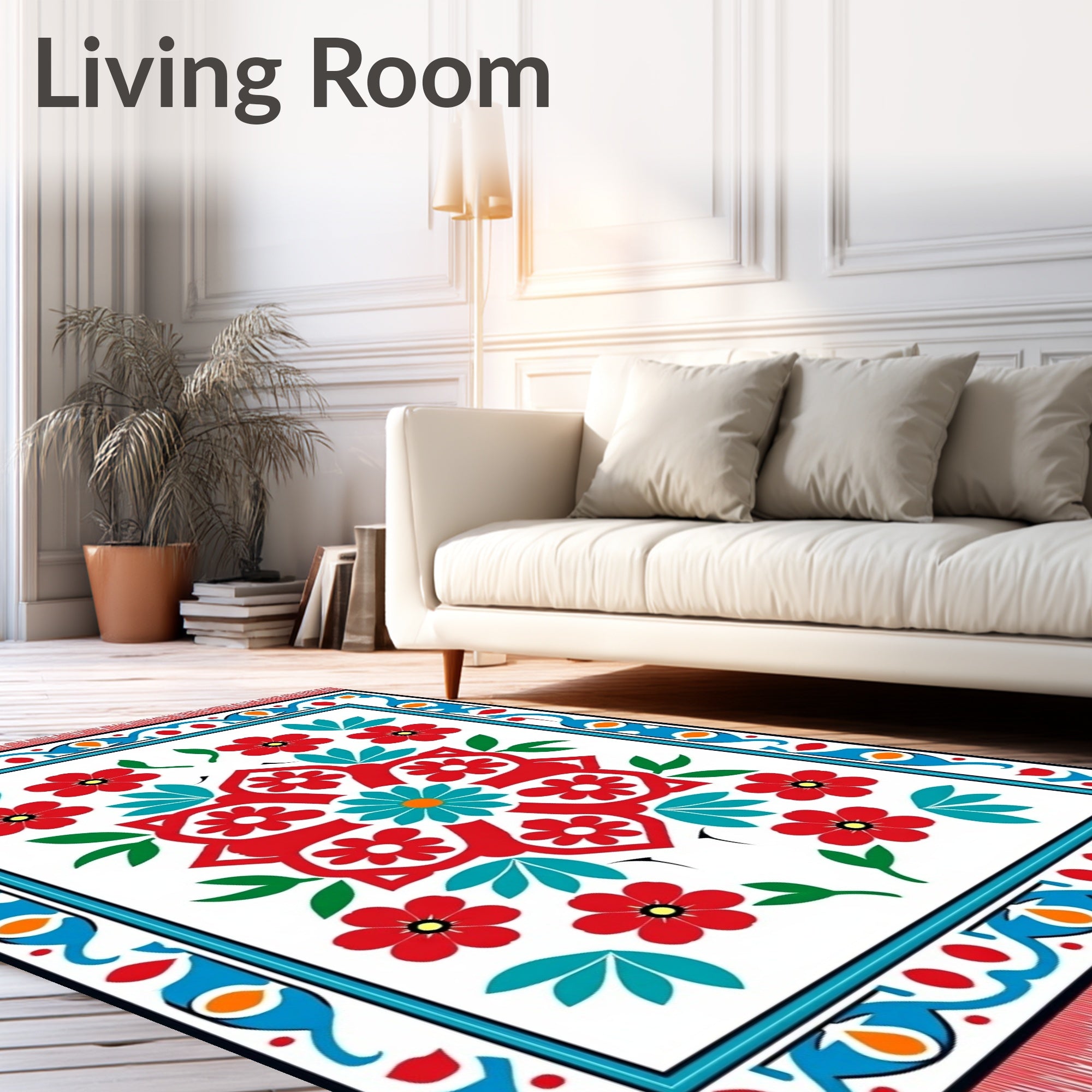 Red Teal Floral Medallion Borders Rug