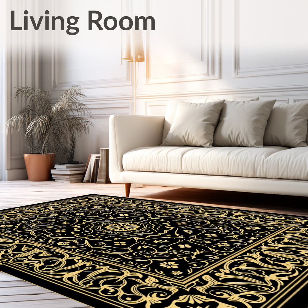 Black Gold Ornate Mandala Border Rug