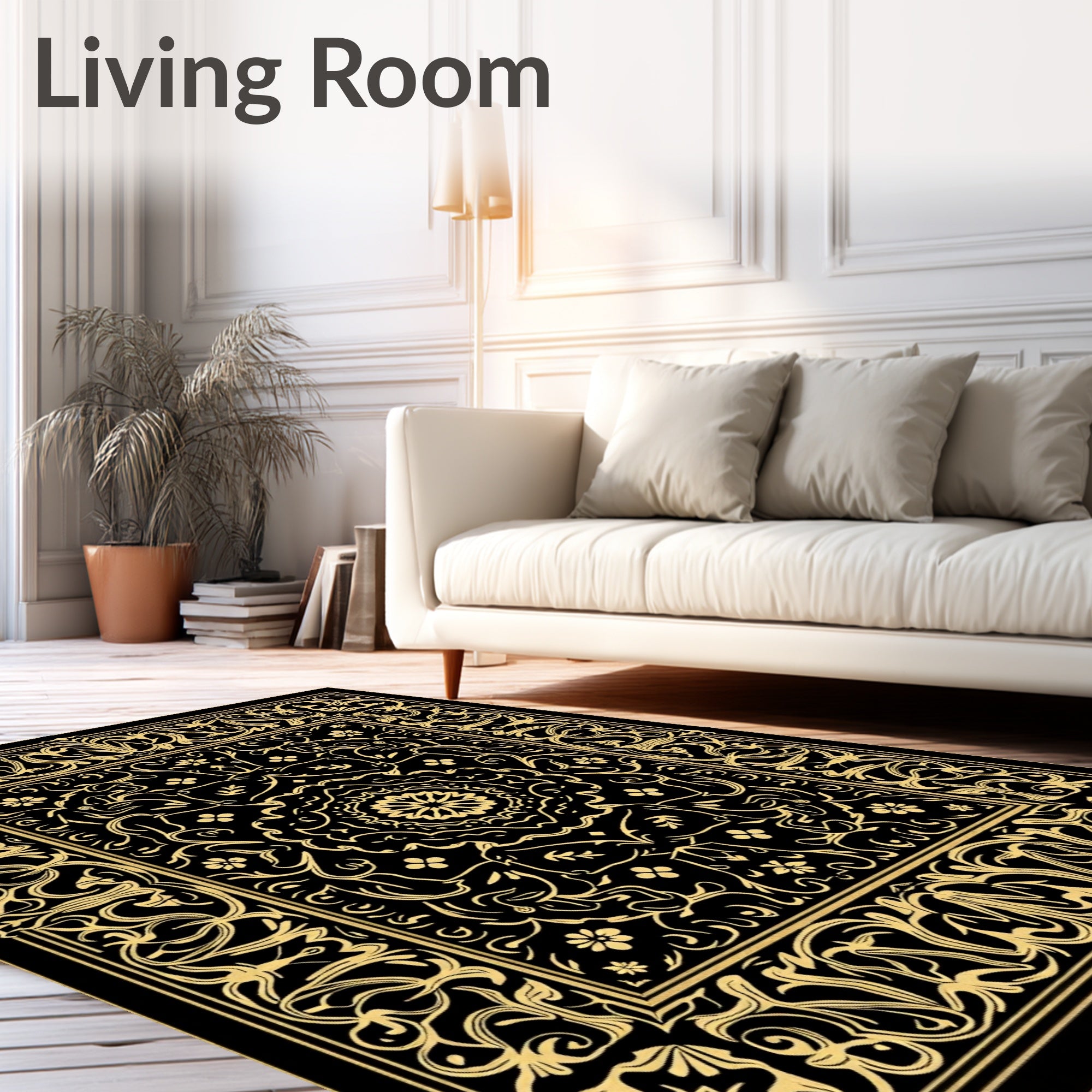 Black Gold Ornate Mandala Border Rug