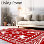 White Deer and Cross Red Border Rug