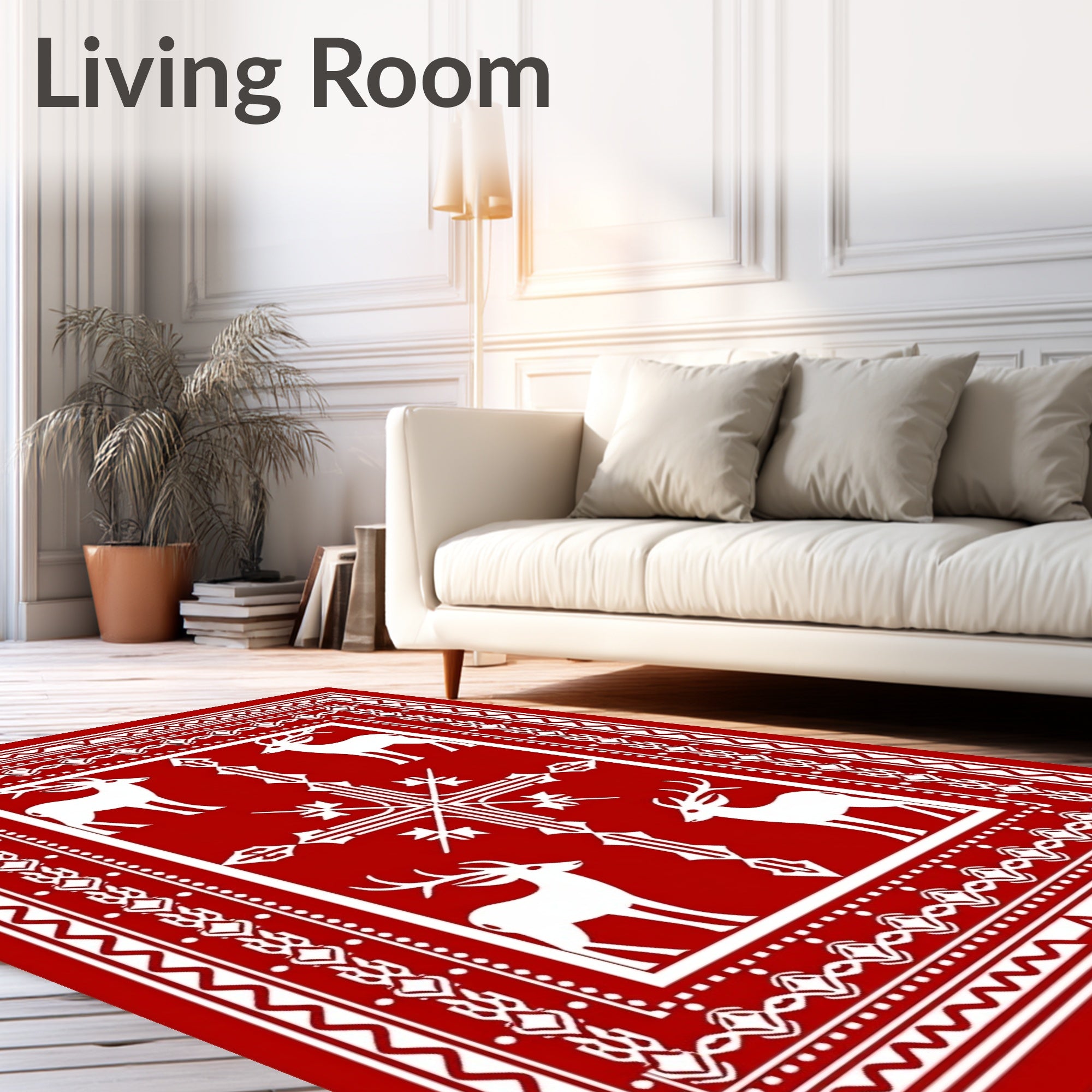 White Deer and Cross Red Border Rug