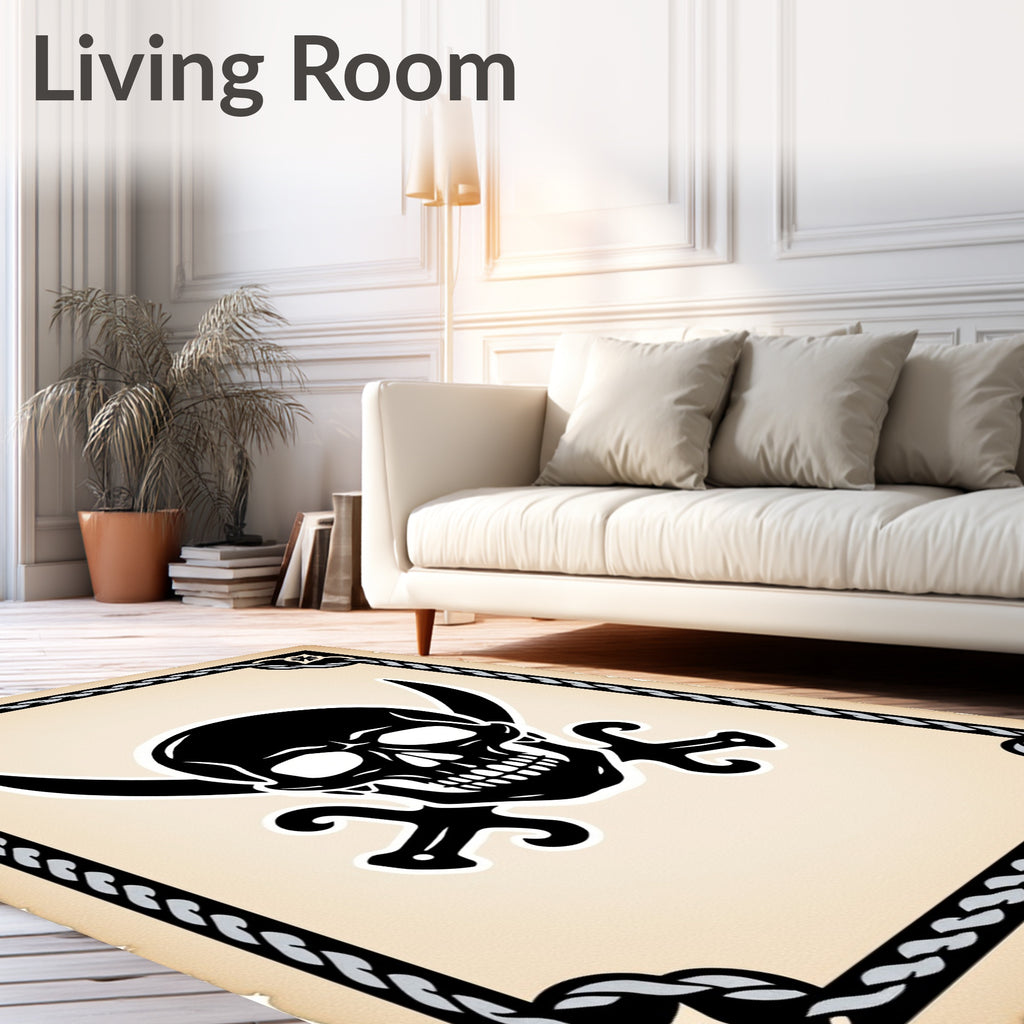 Black Skull Crossed Swords Ivory Rug