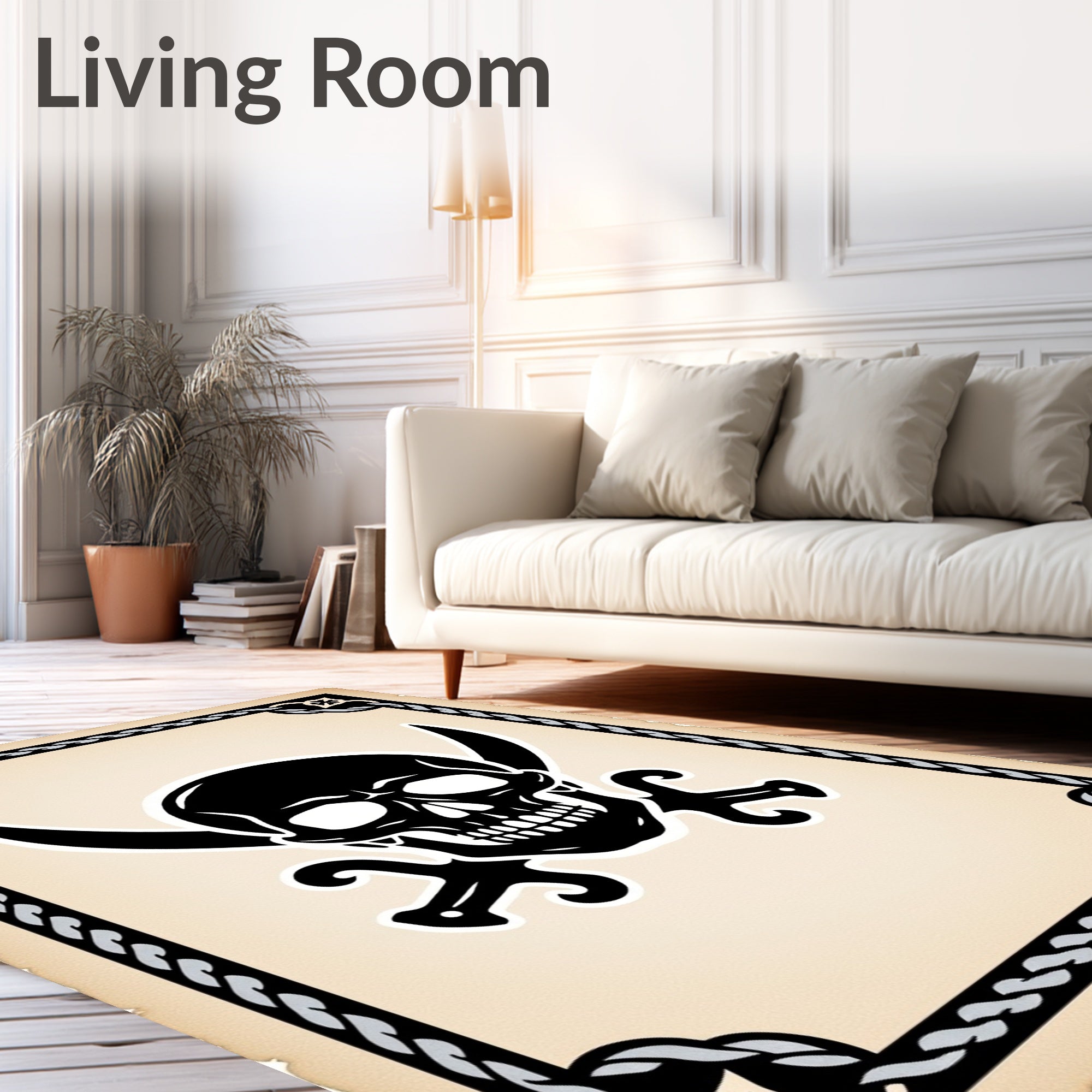 Black Skull Crossed Swords Ivory Rug