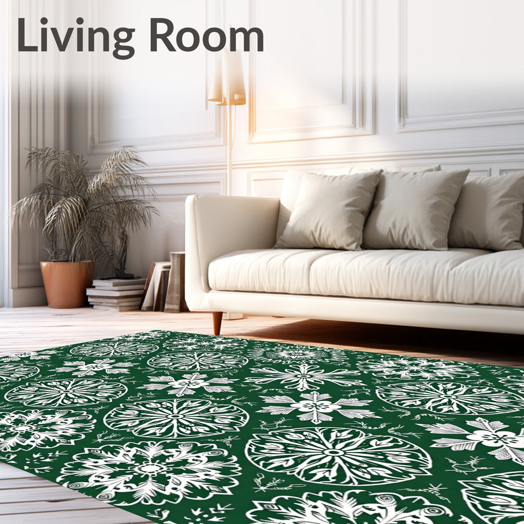 Emerald Green White Floral Medallion Swirl Rug