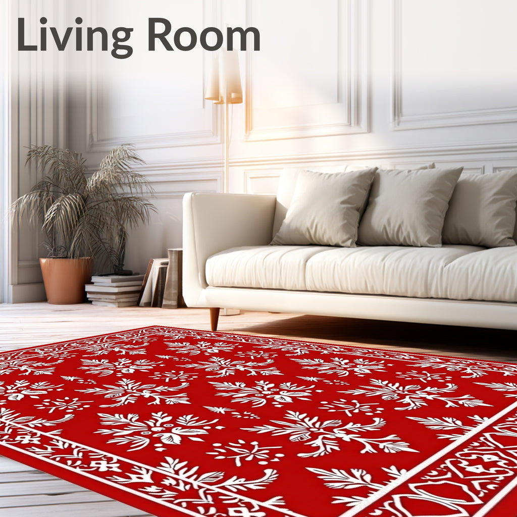 Scarlet Red White Floral Medallion Border Rug