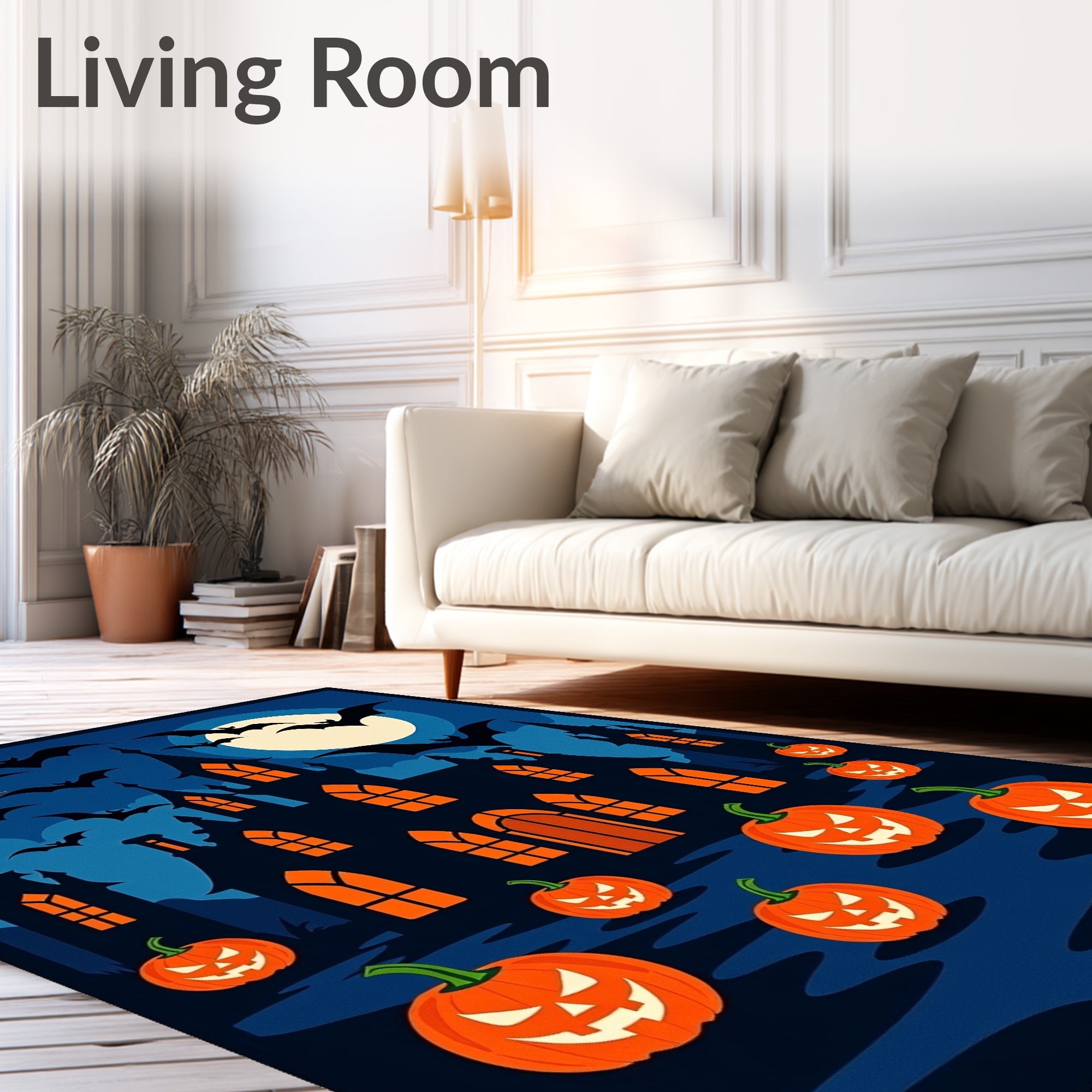 Spooky Castle Bats Pumpkin Full Moon Rug