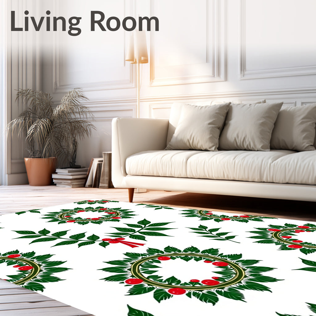 Green Leaf Red Berry Wreath Round Rug
