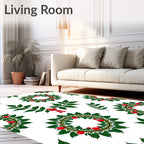 Green Leaf Red Berry Wreath Round Rug