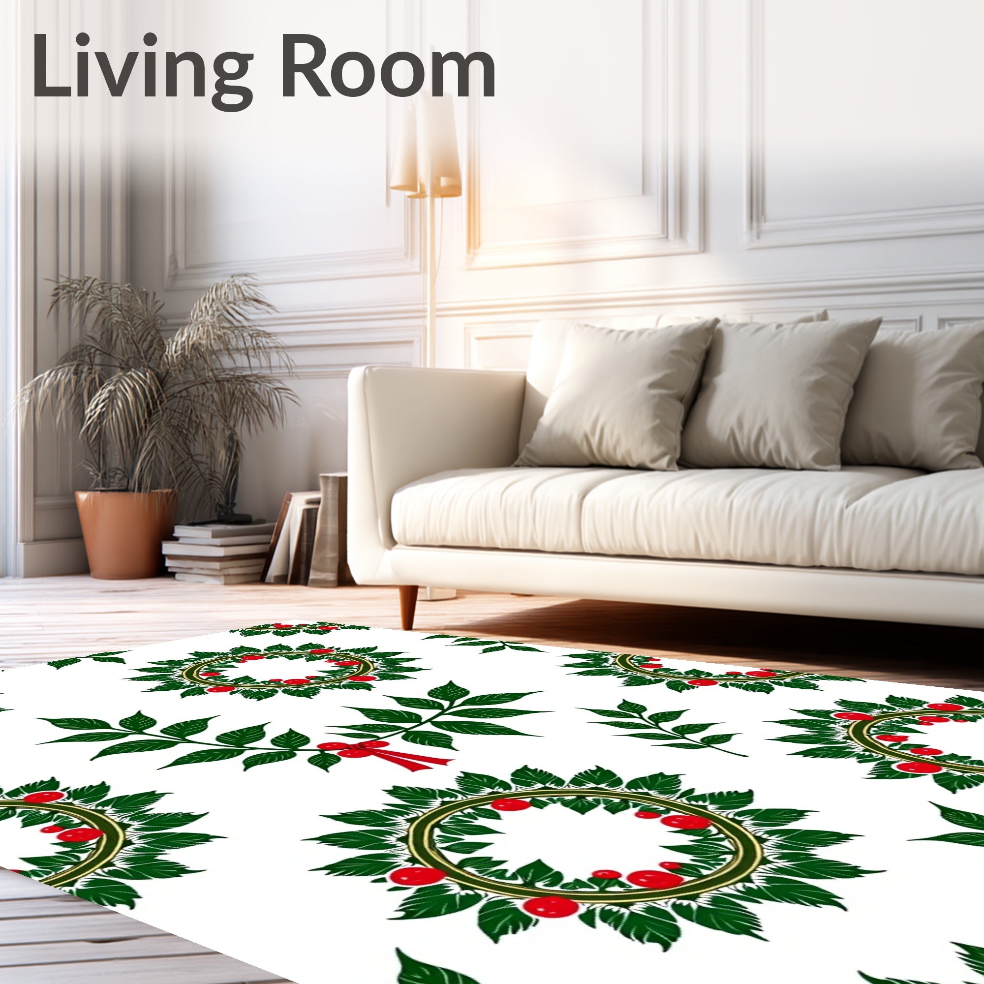 Green Leaf Red Berry Wreath Round Rug