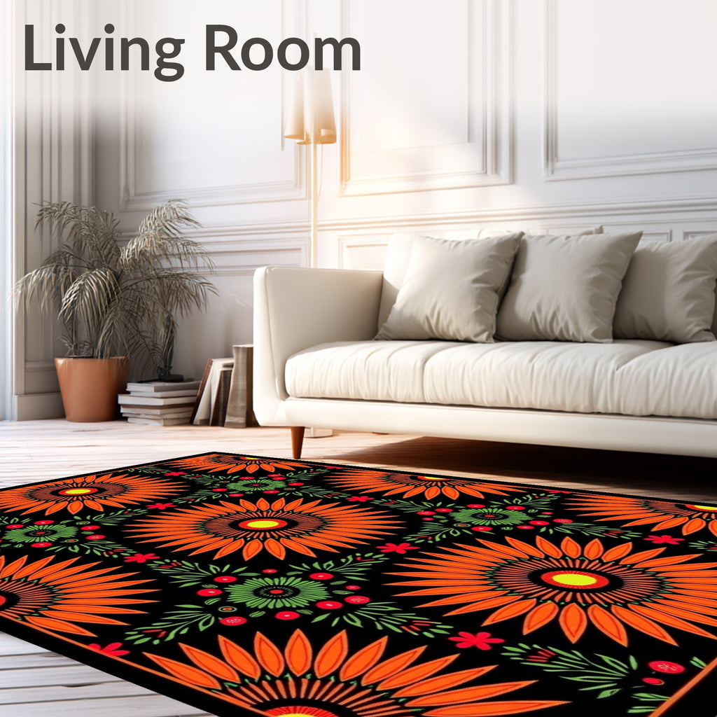 Bright Orange Sunburst Floral Arrangement Rug