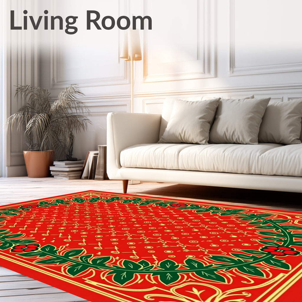 Crimson Red Floral Vine Border Rug