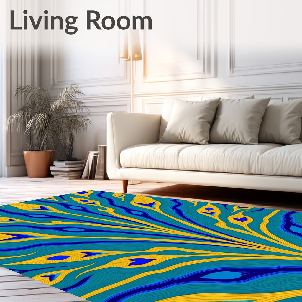 Turquoise Gold Peacock Feather Swirls Rug