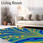 Turquoise Gold Peacock Feather Swirls Rug